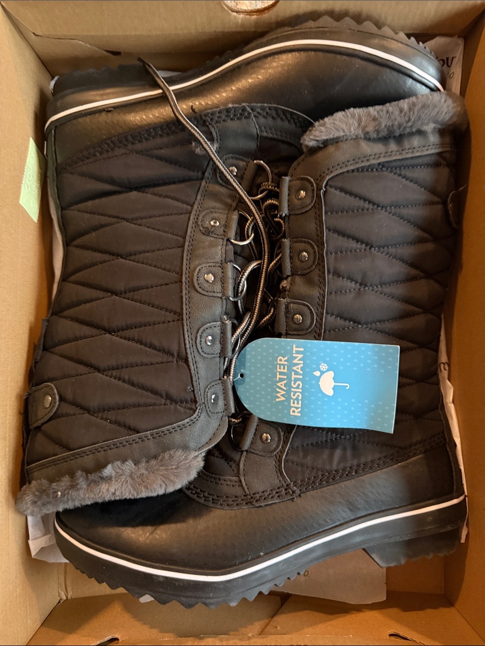 JBU Black Quilted Lace-Up Snow Boots with Faux Fur Trim